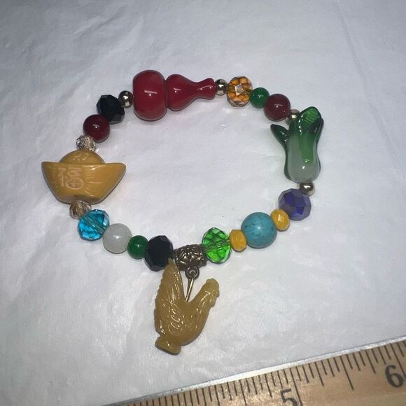 Year of the Rooster Chinese Good Luck Charm Glass Bead Stretch Bracelet - Picture 9 of 10